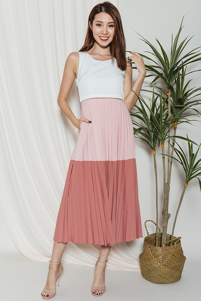 pink pleated maxi dress